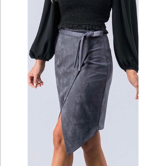 Charcoal Faux Suede Overlap Skirt - Picture 6 of 8